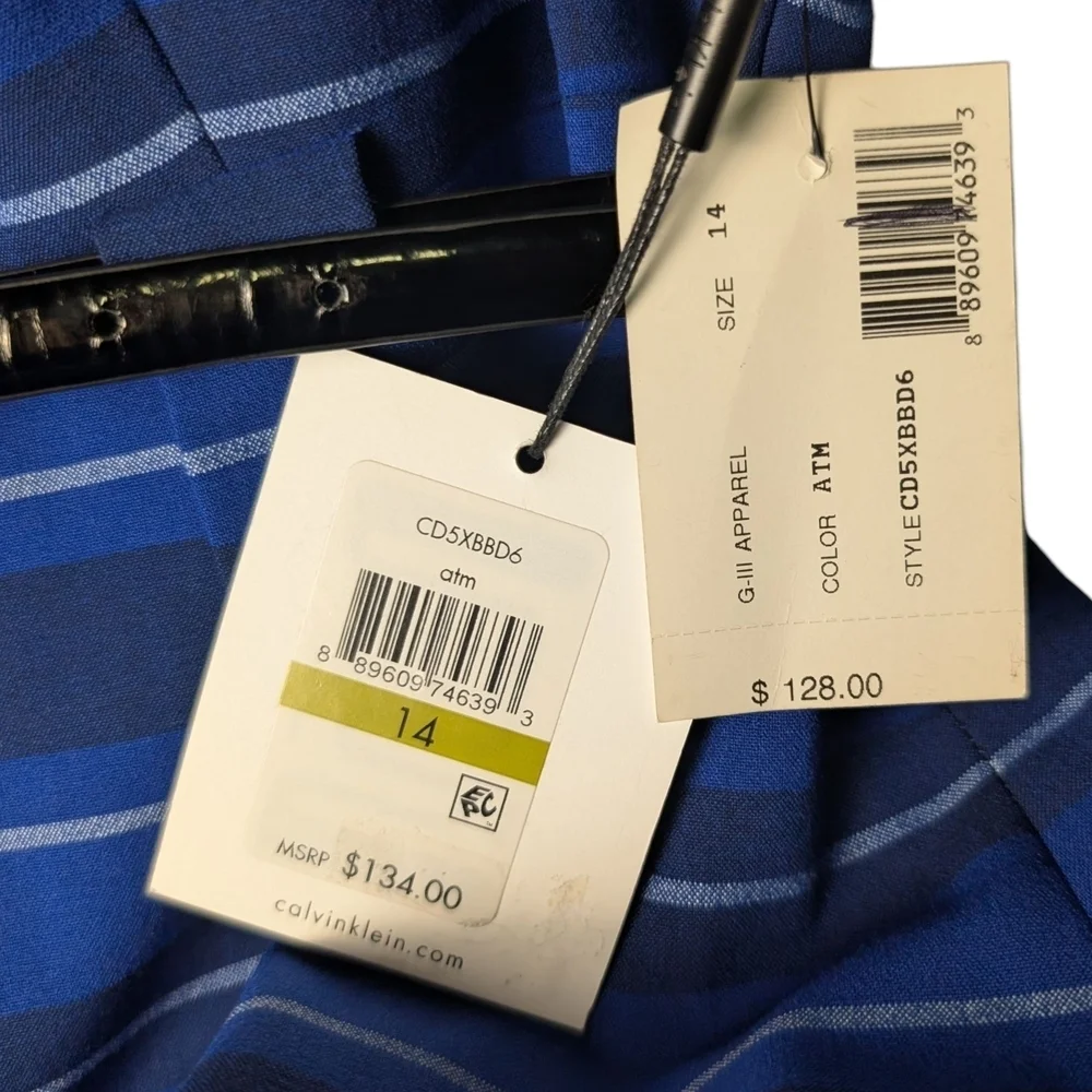 New Calvin Klein Blue White Striped Sleeveless Midi Dress Belt Business Class - Picture 4 of 11